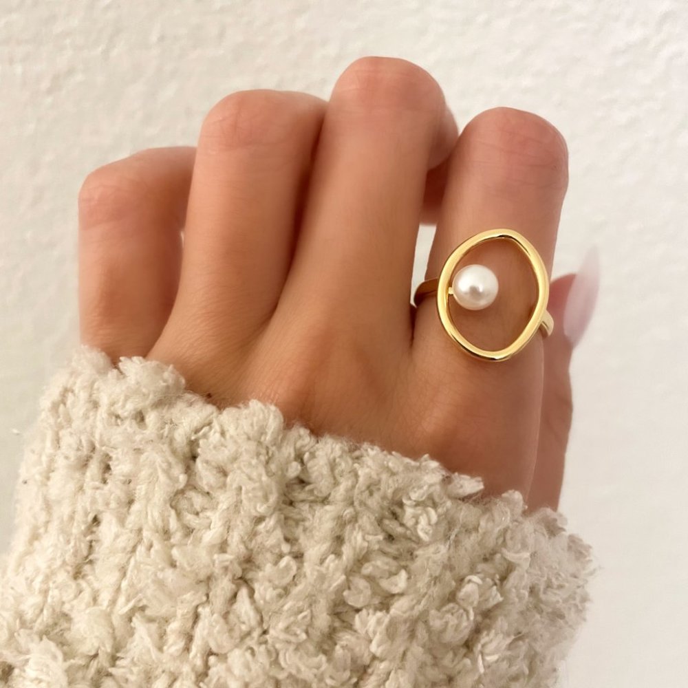 925 Sterling Silver Gold Pearl Statement Ring Boho Minimalist Oval Round Ring - Picture 2 of 8